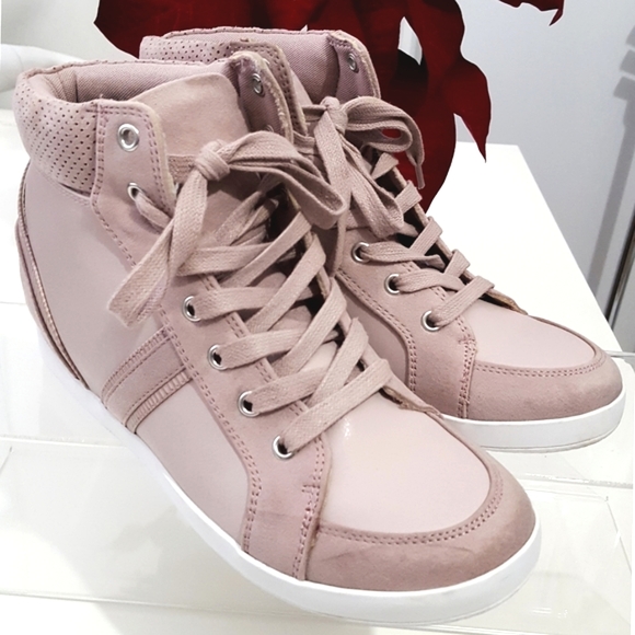 🔻Call It Spring🌸High Top Pink Faux Suede Wedge Sneaker - Picture 1 of 9